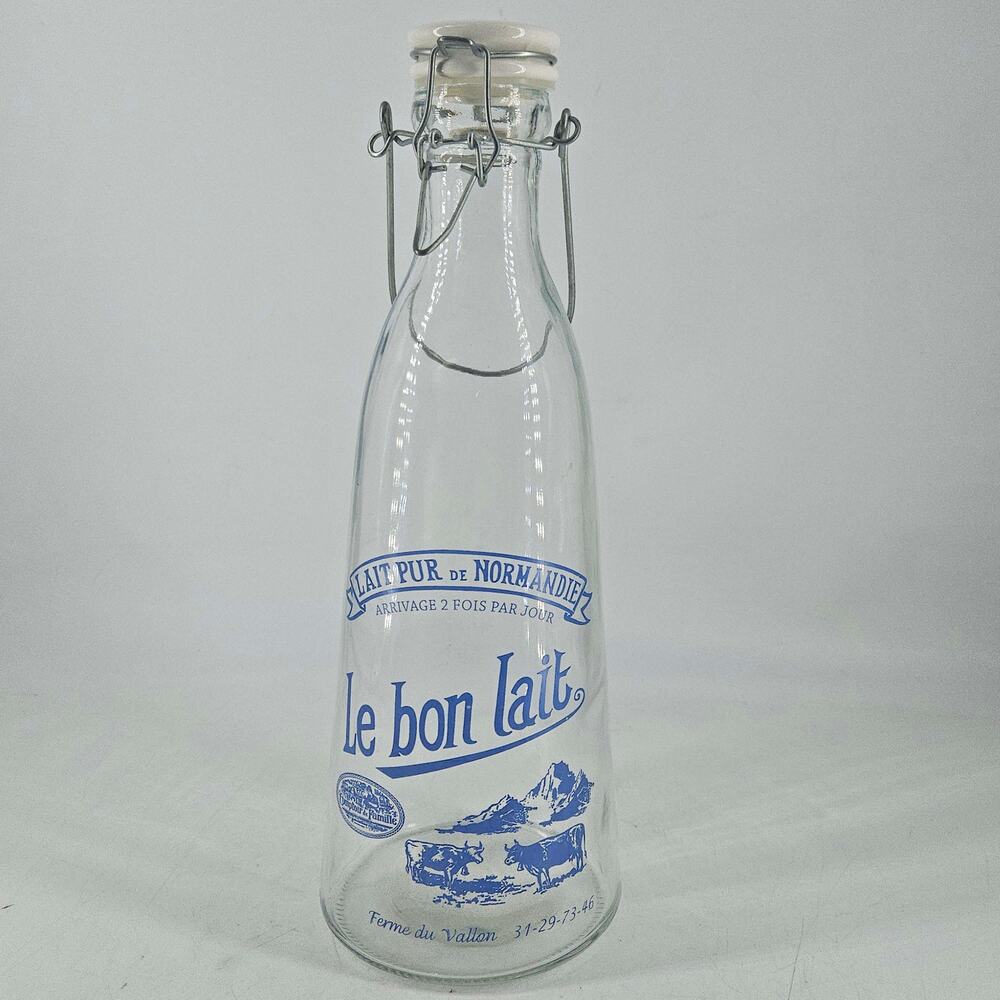 Vtg Le Bon Lait Pur De Normandie French Glass Milk Bottle Ceramic SwingTop Lid